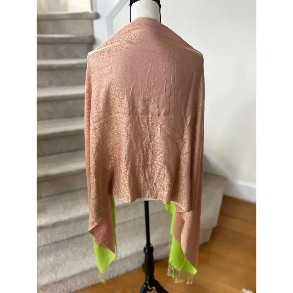 Pashmina Scarf Wrap Warm Pink & Lime Green Reversible Floral Swirl
